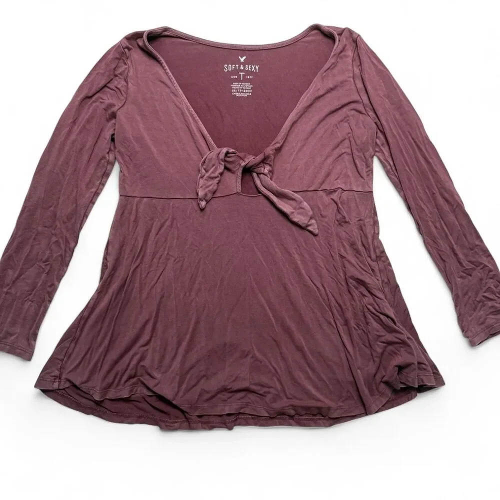 American Eagle Soft Sexy Tie Front Babydoll Top Womens VS Mauve Plum Purple - Picture 3 of 7